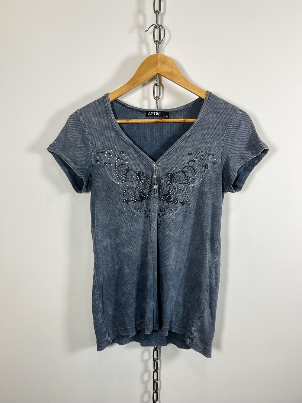 Y2K Apt 9 Ribbed Blue/Grey T-Shirt w/ Black Beaded Butterfly Design
